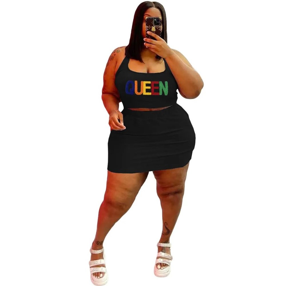 Women Casual Athleisure Sleeveless Queen Letter Applique Crop Tank Top And Skirt